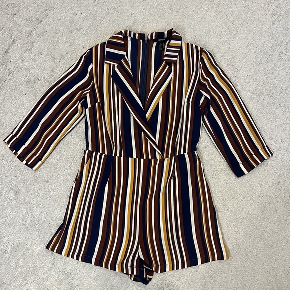 Forever 21 Pants - Forever 21 Women's Navy/Brown/Mustard Romper W/ Belt Loops Jumpsuit Size M